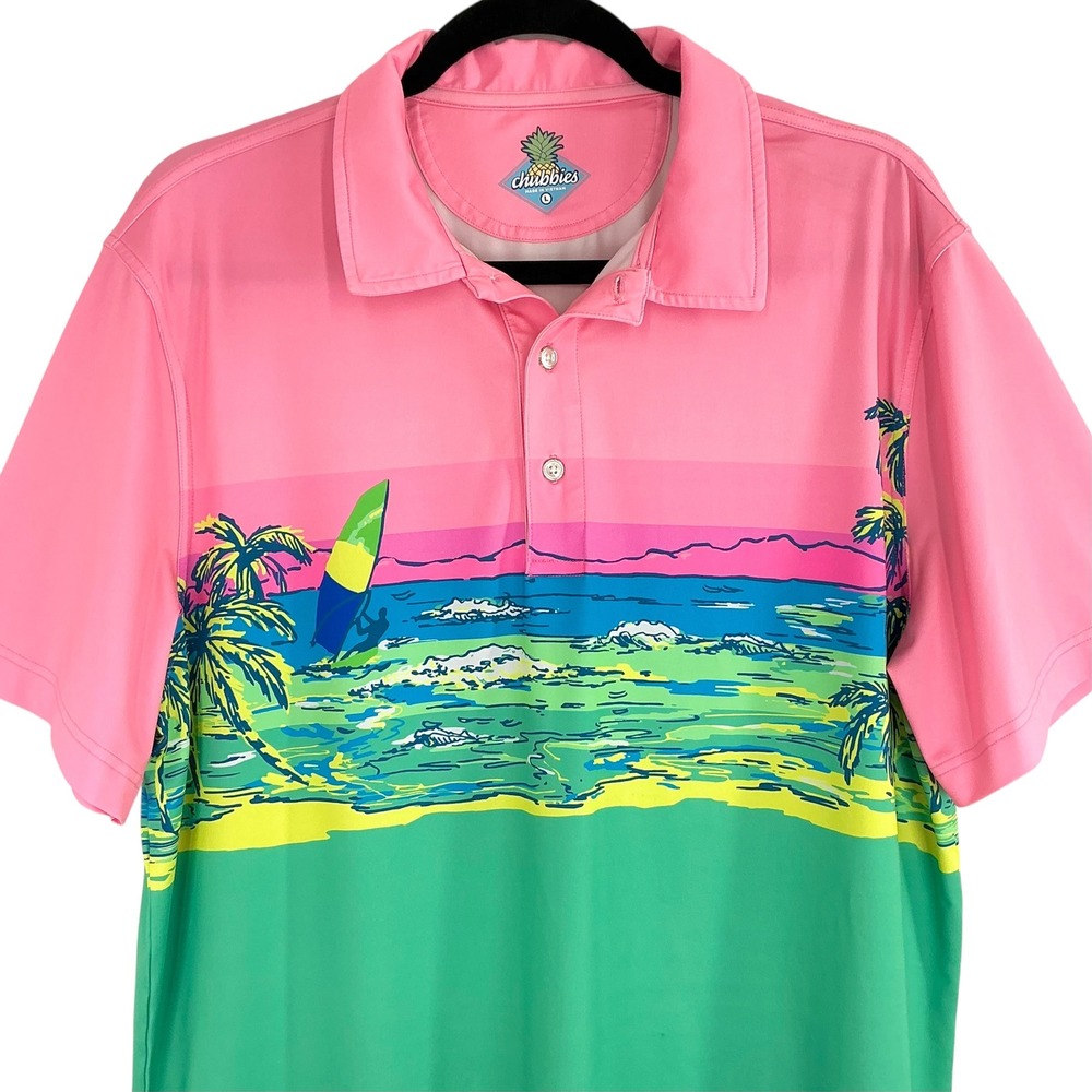 Chubbies‎ Men's Large Vacation Day Performance Polo Pink Green Tropical Golf
